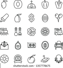 thin line vector icon set - plastic fork spoons vector, baby toy train, children's, yule, colored air balloons, concrete mixer, peper, ripe peach, squash, melon, loquat, half, lemon, juicy, gpu card