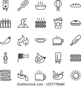 thin line vector icon set - electronic thermometer vector e, mercury, heating coil, temperature, radiator, new, boiler, coffee, loaf, mini hot dog, noodles, pie, porridge, chili, cup of tea, flame