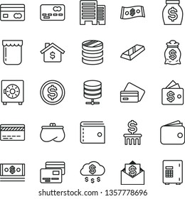 thin line vector icon set - bank card vector, purse, buildings, big data server, strongbox, cards, jam, reverse side of a, front the, column coins, dollar, wallet, money, cash, gold bar, rain, bag