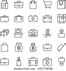 thin line vector icon set - briefcase vector, paper bag, first aid kit, toys over the cot, of a paramedic, portfolio, suitcase, case, with handles, package, glass tea, cart, purse, money, dollars