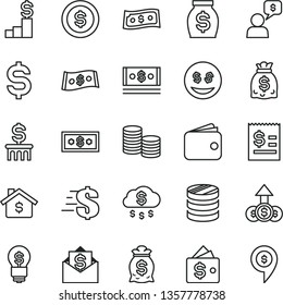 thin line vector icon set - dollar vector, coins, column of, denomination the, article on, wallet, money, dollars, cash, rain, coin, mortgage, pedestal, bag, idea, eyes, growth, mail, dialog, pin