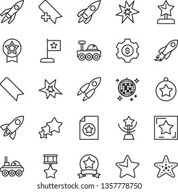 thin line vector icon set - add bookmark vector, star, rocket, space, lunar rover, bang, cup, reward, medal, flag, hero, ribbon, certificate, dollar gear, three stars, disco ball, starfish