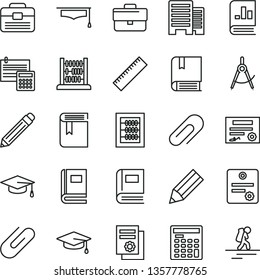 thin line vector icon set - clip vector, briefcase, graphite pencil, yardstick, book, new abacus, e, portfolio, buildings, calculation, scribed compasses, on statistics, scientific publication