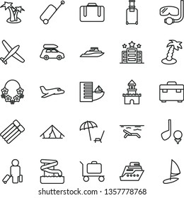 thin line vector icon set - suitcase vector, sand castle, plane, car baggage, passenger, rolling, case, hotel, tent, beach, arnchair under umbrella, palm tree, hawaii wreath, aquapark, diving mask