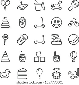 thin line vector icon set - beanbag vector, baby duckling, bath ball, stacking rings, toy, roly poly doll, tumbler, phone, mobile, children's sand set, small teddy bear, yule, rocking horse, balloon