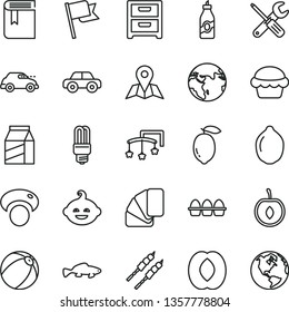 thin line vector icon set - book vector, toys over the cot, baby bath ball, motor vehicle, funny hairdo, small tools, sample of colour, map, flag, nightstand, package, bundle eggs, cake, barbecue