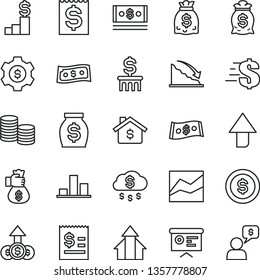thin line vector icon set - upward direction vector, dollar, line chart, coins, recession, article on the, financial item, money, dollars, cash, report, growth arrows, bag hand, rain, coin, mortgage