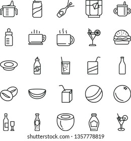 thin line vector icon set - mug for feeding vector, measuring cup, bottle, bath ball, e, packing of juice with a straw, coffee, burger, plate milk, beans, tea, glass soda, cocktail, can, orange