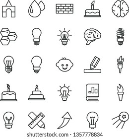 thin line vector icon set - matte light bulb vector, children's hairdo, box of bricks, cake, birthday, brickwork, writing accessories, drawing, honeycombs, drop, energy saving, book on statistics
