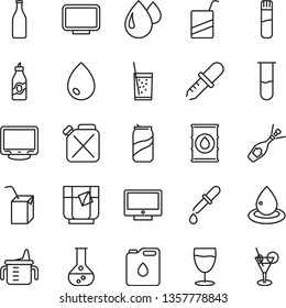 thin line vector icon set - measuring cup for feeding vector, e, packing of juice with a straw, drop, screen, glass soda, tea, can, liquor, flask, oil, canister, bottle, monitor, test tube, pipette