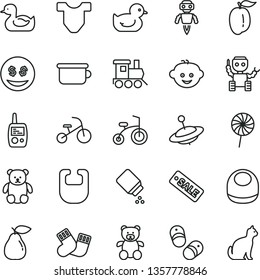 thin line vector icon set - baby powder vector, bib, Child T shirt, rubber duck, duckling, warm socks, toy mobile phone, children's potty, teddy bear, small, hairdo, train, yule, bicycle, tricycle