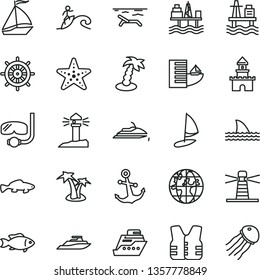 thin line vector icon set - anchor vector, small fish, sea port, commercial seaport, lighthouse, coastal, planet, sand castle, sail boat, hotel, beach, palm tree, starfish, diving mask, surfing