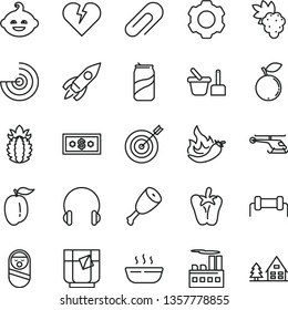thin line vector icon set - clip vector, roly poly doll, toy sand set, funny hairdo, broken heart, headphones, hot porridge, chicken thigh, peper, a glass of tea, soda can, grape, blueberry, pepper