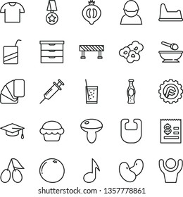 thin line vector icon set - storage unit vector, bib, deep plate with a spoon, e, potty chair, sample of colour, star gear, road fence, T shirt, mushroom, cake, popcorn, glass soda, bottle, cornels