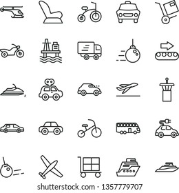 thin line vector icon set - cargo trolley vector, car child seat, motor vehicle, present, bicycle, tricycle, big core, shipment, sea port, production conveyor, electric, retro, Express delivery, bus
