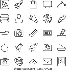 thin line vector icon set - camera vector, envelope, rss feed, open pin, bath, drawing, 24, tasty plum, welding, woman, space rocket, pencil, dollar, bag, monitor, scanner, tent, photo