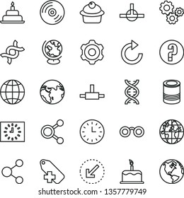 thin line vector icon set - clockwise vector, add label, question, birthday cake, cogwheel, left bottom arrow, CD, earth, tin, muffin, connection, connections, gears, planet, wall watch, black clock