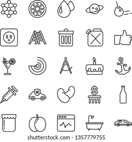 thin line vector icon set - ladder vector, bath, power socket type b, core, dust bin, thumb up, anchor, cardiogram, torte, cocktail, jam, apple, juicy lemon, beans, canister, drop, autopilot, radar