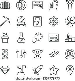 thin line vector icon set - dangers vector, hedge, kitchen faucet, star, flask, zoom, dna, settings, earth core, biology, patente, 3d cube, prize, carrer stairway, man hands up, with flag, mine axe