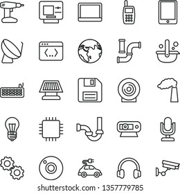 Thin Line Vector Icon Set - Camera Vector, Desktop Microphone, Floppy Disk, Drill, Sewerage, Lens, Water Pipes, Manufacture, Bulb, Electric Car, Satellite Dish, Metallurgy, Mobile Phone, Tablet Pc