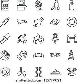 thin line vector icon set - calculator vector, atom, glasses, dna, satellite, pipette, globe, flame, drawing compass, robot, sun panel, saturn, syringe, ink pen, resistor, plane, rope barrier, golf