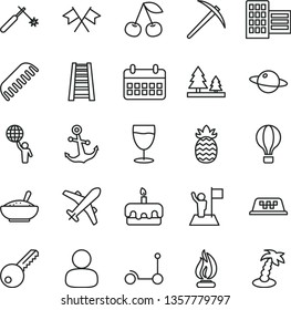 thin line vector icon set - comb vector, Kick scooter, stepladder, key, city block, anchor, planet, torte, a bowl of rice porridge, glass, cherry, pineapple, forest, welding, man, calendar, flame