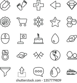 thin line vector icon set - left direction vector, plus, children's tracks, star gear, drop, cake, move up, honeycombs, planet Earth, trees, horseshoe magnet, shopping cart, filter, speech, mouse