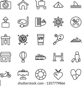 thin line vector icon set - train vector, air balloon, motorcycle, rope barrier, security gate, passenger, baggage, hotel, boungalow, tent, uv cream, disco ball, cafe, restaurant, diving mask, store