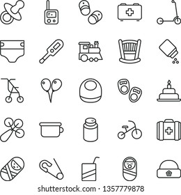 thin line vector icon set - cradle vector, dummy, diaper, powder, baby, bib, rattle, sitting stroller, open pin, electronic thermometer e, bag of a paramedic, medical, roly poly doll, tumbler, train