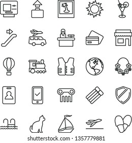 thin line vector icon set - earth vector, train, sail boat, air balloon, escalator, identity card, phone registration, baggage, departure, atm, credit, sun, hawaii wreath, cocktail, pool, photo