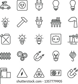 thin line vector icon set - hook vector, bulb, power socket type b, f, new radiator, hammer, working oil derrick, modern gas station, manufacture, light, plug, electric, industrial enterprise, car
