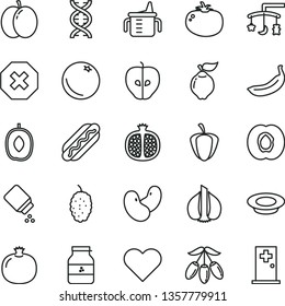 thin line vector icon set - mark of injury vector, toys over the cradle, measuring cup for feeding, baby powder, heart, Hot Dog, a plate milk, tomato, jar jam, orange, apple, half apricot, quince