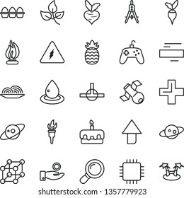 thin line vector icon set - upward direction vector, plus, minus, bundle of eggs, onion, torte, pineapple, beet, radish, leaves, drop oil, Measuring compasses, catch a coin, cpu, connect, magnifier