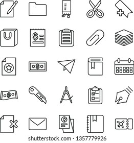 thin line vector icon set - scissors vector, clip, add bookmark, book, stationery knife, electronic boiler, envelope, notebook, pile, notes, delete page, bag with handles, survey, scribed compasses