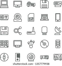 thin line vector icon set - floppy disk vector, laptop, screen, smartphone, lens, satellite antenna, SIM, connections, goal woman, notebook pc, tower, monitor, web camera, usb, router, cd, flash