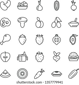 thin line vector icon set - measuring cup for feeding vector, burger, mushroom, pie, a bowl of buckwheat porridge, lettuce in plate, chicken leg, beet, carrot, omelette, apple, tasty, raspberry