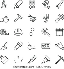 thin line vector icon set - zoom vector, safety pin, open, electronic thermometer e, iron fork spoons, winch hook, big core, trowel, concrete mixer, hand saw, long meashuring tape, paint roller, pan