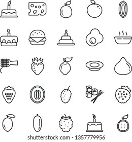 thin line vector icon set - cake vector, birthday, piece of cheese, big burger, noodles, torte, hot porridge, a plate milk, sushi set, fried egg, strawberry, strawberries, quince, fig, blackberry