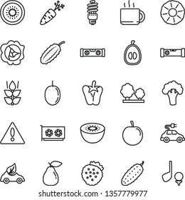 thin line vector icon set - warning vector, construction level, building, cucumber, peper, cup of tea, strawberries, mint, squash, pear, half loquat, tasty plum, passion fruit, kiwi, slice pineapple