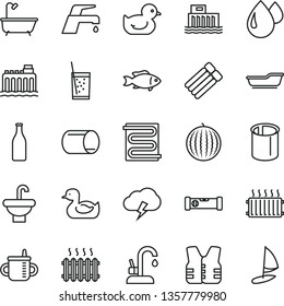 thin line vector icon set - mug for feeding vector, rubber duck, baby duckling, bath, washbasin, construction level, heating coil, faucet mixer, kitchen, storm cloud, fish, a glass of soda, drop
