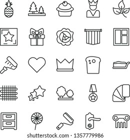 thin line vector icon set - window vector, new roller, paint, sample of colour, door knob, heart, nightstand, Easter cake, muffin, slice, lollipop, a pineapple, squash, leaves, trees, forest, gift