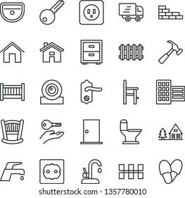 thin line vector icon set - house vector, bedside table, cradle, baby cot, a chair for feeding, brick wall, sink, comfortable toilet, power socket type b, f, key, door knob, ntrance, city block, arm