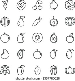 thin line vector icon set - carrot vector, strawberries, cherry, half apricot, squash, medlar, mulberry, water melon, mango, of, loquat, goji berry, tangerine, ripe plum, tasty, lemon, yellow, guava