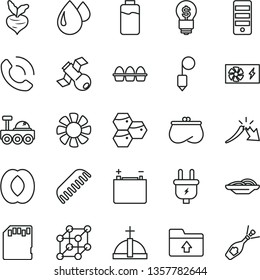thin line vector icon set - upload folder vector, comb, plummet, phone call, bundle of eggs, slices onion, honeycombs, half peach, beet, charge level, accumulator, plug, drop, a crisis, purse, fan