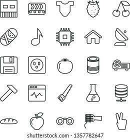 thin line vector icon set - Child T shirt vector, tumbler, house, arm saw, hammer, cardiogram, big data server, loaf, tin, noodles, cherry, red apple, tasty raspberry, persimmon, socket, conveyor
