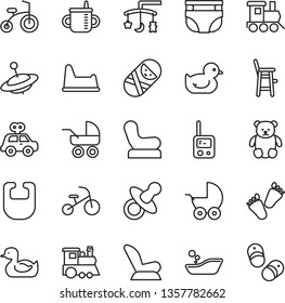 thin line vector icon set - toys over the cradle vector, dummy, mug for feeding, nappy, bib, Baby chair, car child seat, stroller, carriage, rubber duck, duckling, children's bathroom, tumbler, a
