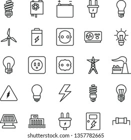 thin line vector icon set - lightning vector, incandescent lamp, saving light bulb, power socket type b, f, dangers, charging battery, windmill, factory, accumulator, hydroelectric station, line