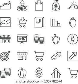 thin line vector icon set - growth up vector, line chart, positive histogram, cart, put in, bag with handles, kiosk, coins, tamarillo, Bell pepper, ripe, stall, goal woman, a crisis, dollars, arrows