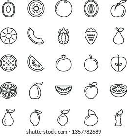 thin line vector icon set - strawberry vector, pear, ripe peach, pomegranate, quince, red apple, tasty, slice of melon, water, mango, loquat, delicious plum, half, yellow lemon, kiwi, passion fruit