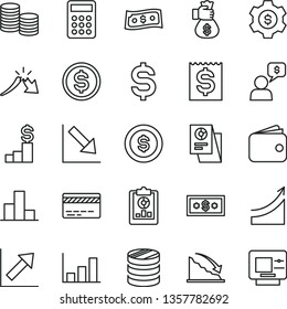thin line vector icon set - bank card vector, bar chart, growth, negative, coins, column of, recession, a crisis, statistical overview, denomination the dollar, financial item, wallet, research, atm